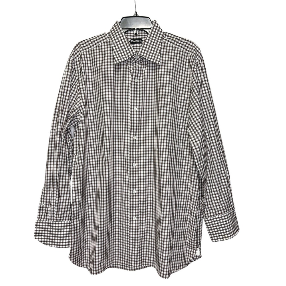 Tom Ford Mens Purple White Gingham Check Dress Shirt 44 17.5 Made in Switzerland